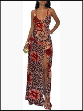 Sleeveless Maxi Dress with High Slit Floral Leopard Print Stretch Fabric